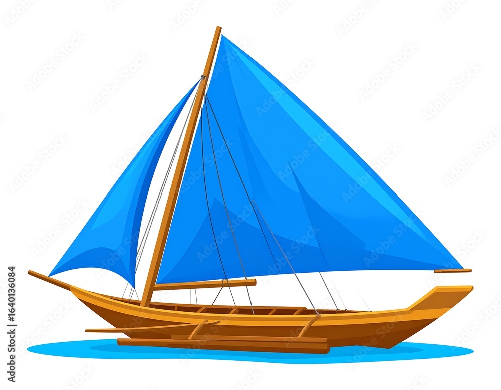 Fototapeta premium Cartoon wooden sailing boat with a blue sail