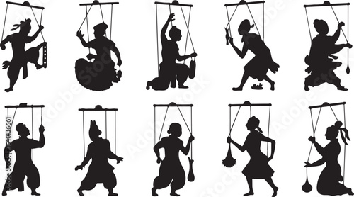 Collection of silhouette puppets in various poses and traditional costumes