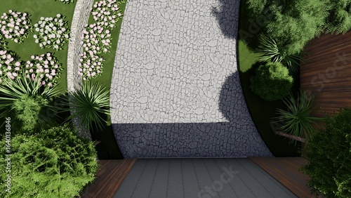 3d image of the landscape design of the home territory. Landscaping of the territory. Computer visualization of composite landscaping and landscaping solutions.