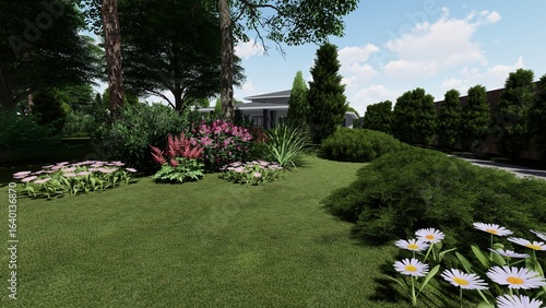 3d image of the landscape design of the home territory. Landscaping of the territory. Computer visualization of composite landscaping and landscaping solutions.
