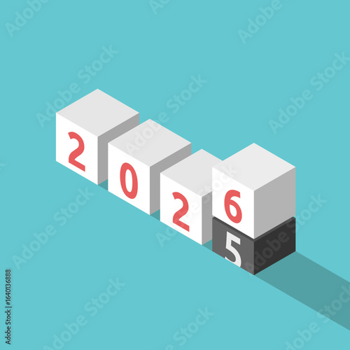 Isometric 2025 blocks going and 2026 coming. New Year, change, time, future, anticipation, countdown and expectation concept. Flat design. EPS 8 vector illustration, no transparency, no gradients