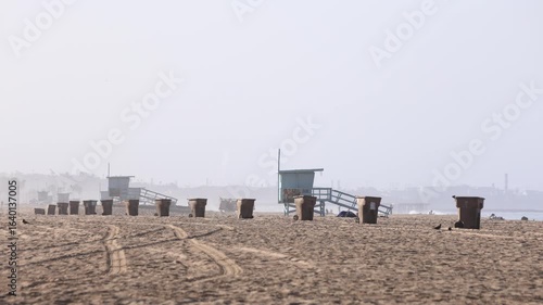 Trash Cans And Lifeguard Towers Santa Monica Beach
