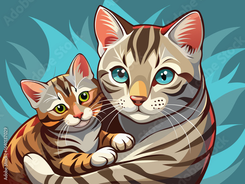 vector of American shorthair cat lovingly hugging her newborn kitten. Enjoying together.