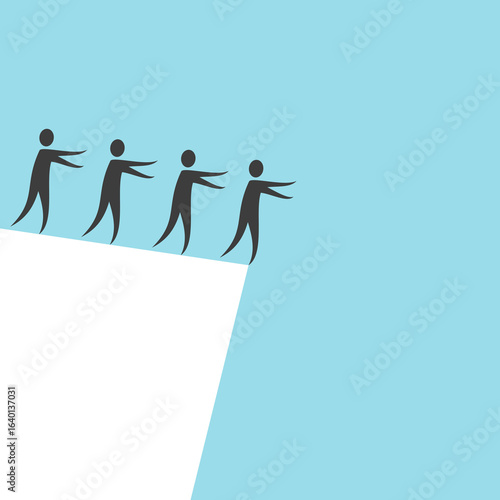 Many reckless people going to precipice after each other. Majority, mob mentality, herd instinct, manipulation, delusion, mass insanity and stupidity concept. Flat design. EPS 8 vector illustration