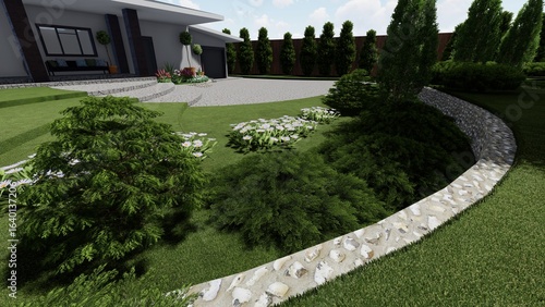 3d image of the landscape design of the home territory. Landscaping of the territory. Computer visualization of composite landscaping and landscaping solutions.