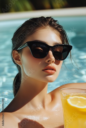 Young Woman Enjoying a Refreshing Drink by the Pool on a Sunny Day
