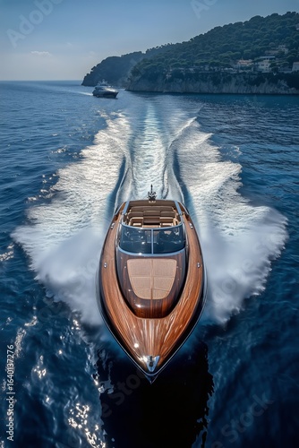 Luxurious Yacht Sailing Through Clear Blue Waters Near a Scenic Coast in Brig...