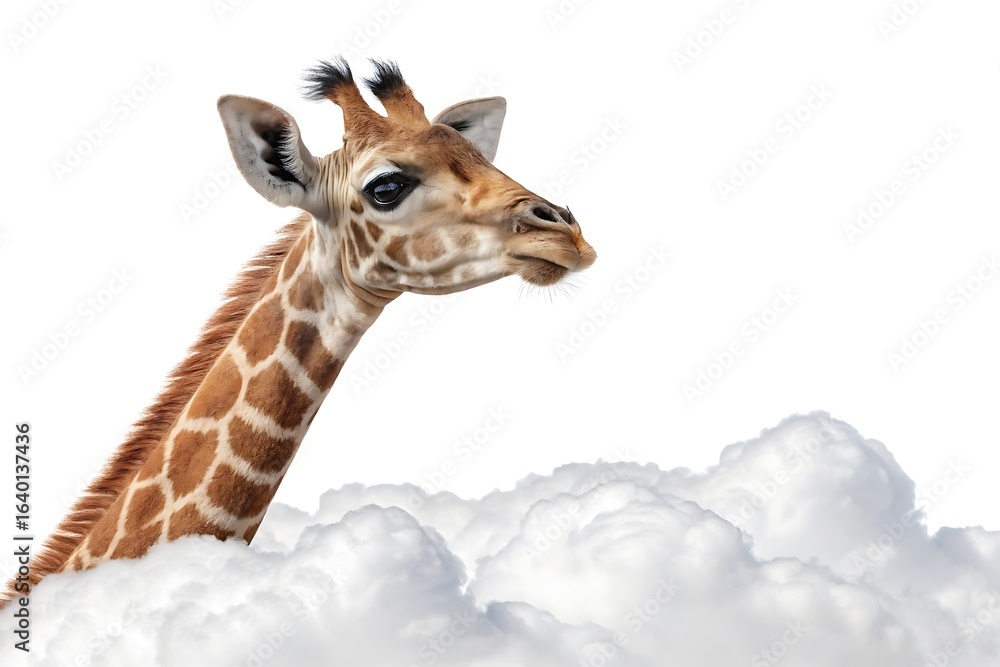 Obraz premium Adorable baby giraffe peeking out from fluffy white clouds against a bright white background