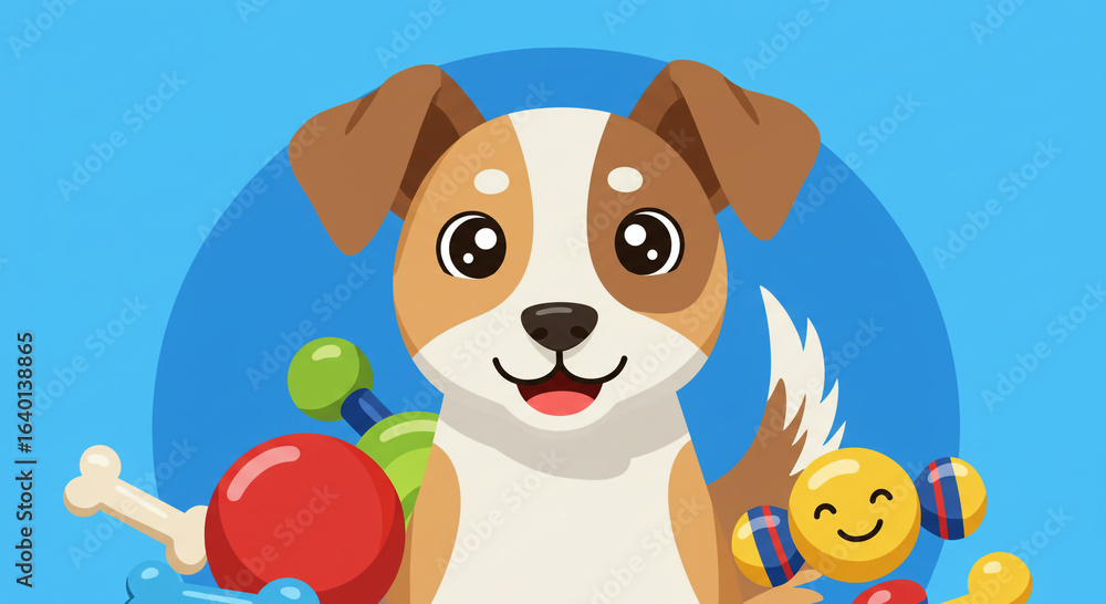 Obraz premium Cartoon dog with toys on a blue circular background image