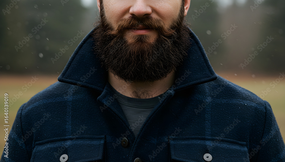 Obraz premium Bearded man wearing in flannel coat outdoors in a forest setting 