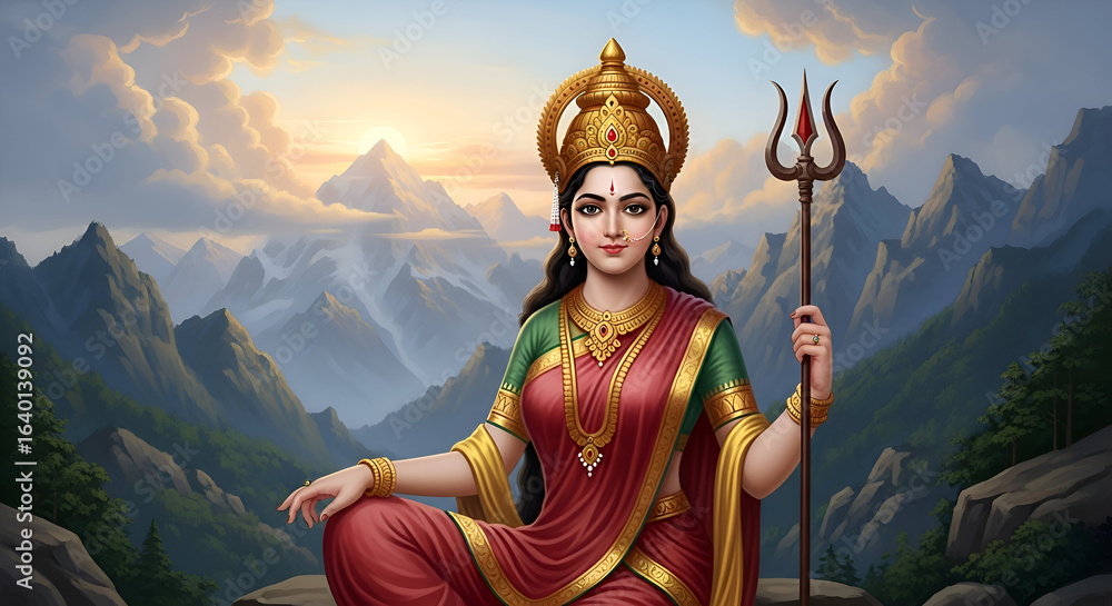Fototapeta premium Parvati goddess of mountains meditative pose with trident in sunrise himalaya digital painting