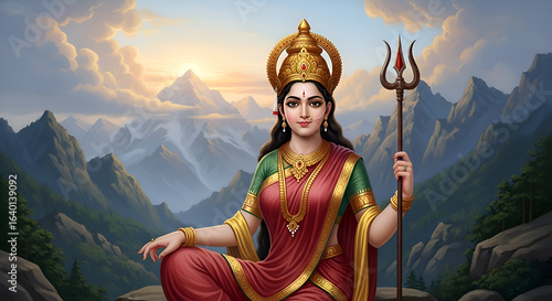 Parvati goddess of mountains meditative pose with trident in sunrise himalaya digital painting