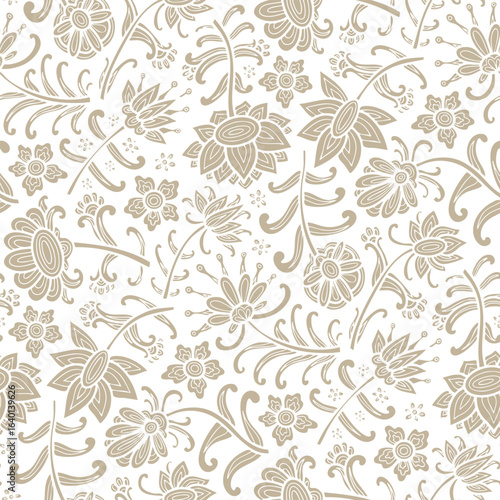 Paisley floral pattern, abstraction, swirl flowers, white and beige colors. Seamless floral pattern-812.
