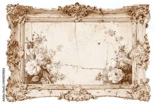 Ornate antique white frame with floral design, aged and cracked with decorative floral elements