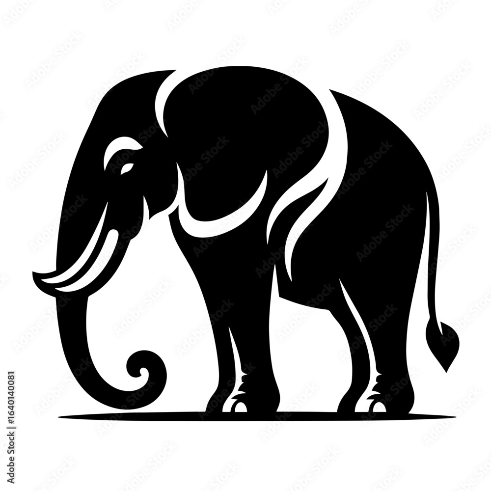 Fototapeta premium Black and white vector silhouette of an elephant on white background