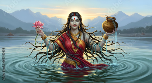 Goddess Ganga emerging from river with lotus and pot