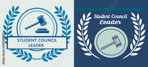 Student Council Leader Badges with Laurel Wreath, Gavel Icon, and Classic Design for School Leadership Event Branding and Recognition