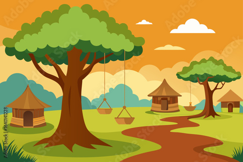 An autumnal forest scene with colorful trees, a vibrant meadow, and a bright sky filled with whimsical clouds