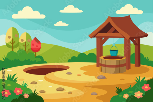 A beautiful autumn landscape illustration with a cartoon house and vibrant trees under a clear blue sky