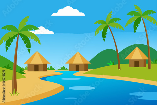 A stunning tropical beach landscape with a resort hotel, palm trees, and turquoise water