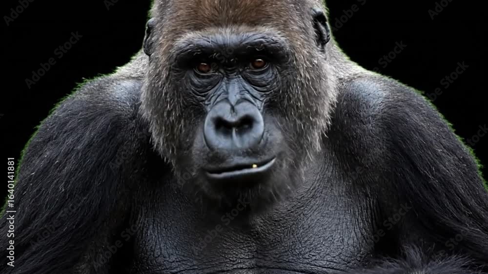 Gorilla portrait dominant primate faceforward dark fur eating neutral expression black background Gorilla portrait dominant primate faceforward dark fur eating neutral expression black background