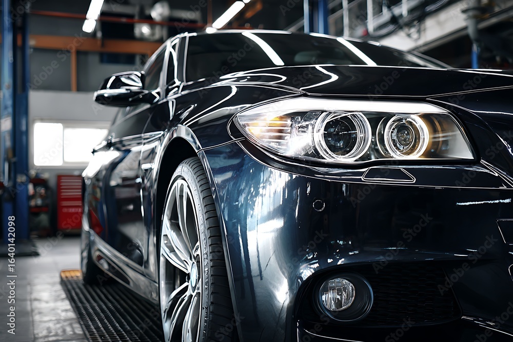 Fototapeta premium Car undergoing maintenance in auto repair garage 