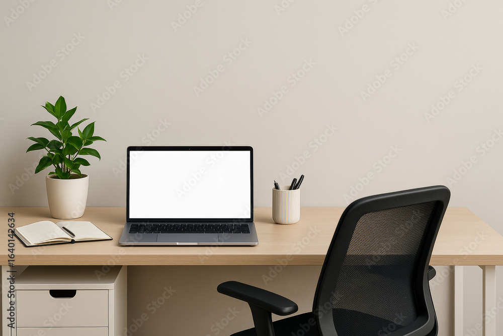 Fototapeta premium Minimalist Workspace Laptop Plant Notebook Desk Chair 