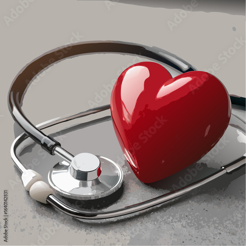A red stethoscope is placed on a healthy heart, symbolizing cardiology, medical care, and healthcare examinations