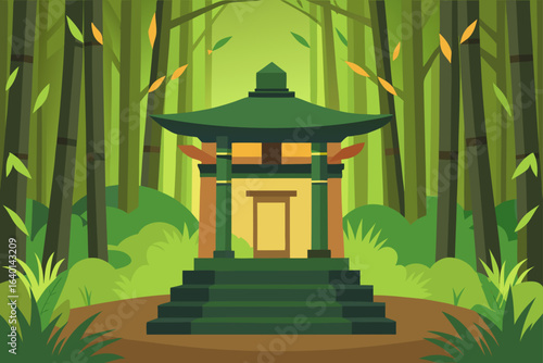 Japanese architecture with wooden pagoda and stone lanterns by a lake in a tranquil park