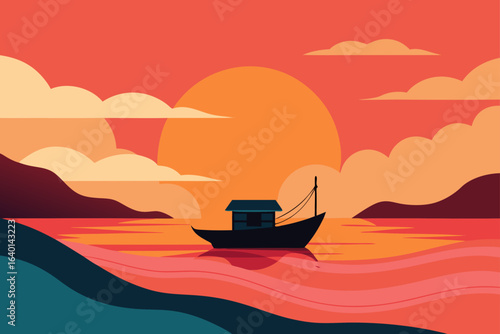 A lone fishing boat is silhouetted against a vibrant orange sunset on the calm sea