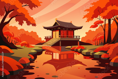 Ancient Asian pagodas and temples stand in a traditional Japanese garden during autumn, showcasing the country's rich history and culture