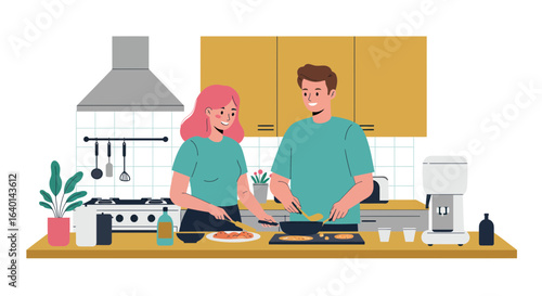 Couple cooking together in a modern kitchen, enjoying meal preparation and creating healthy dishes at home