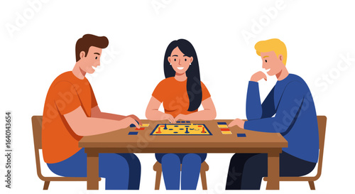 Friends enjoying game night together, playing board game with friendly competition and leisure time activity