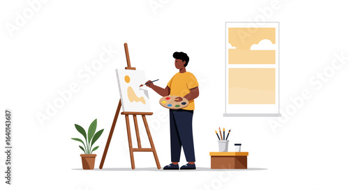 Inspiring artist creating expressive artwork on canvas in bright studio with modern art supplies