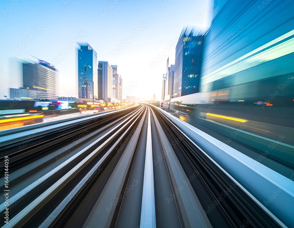 Fototapeta premium Urban rail tracks leading through a modern city at dawn.