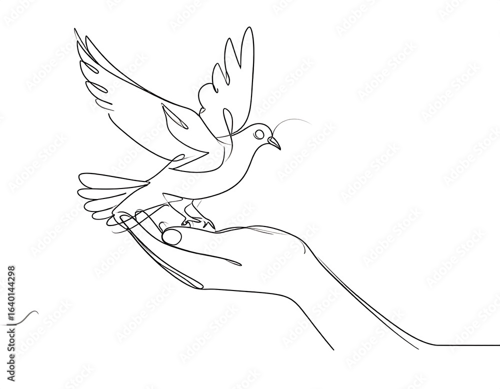 Naklejka premium A hand holding a soaring bird in continuous line drawing