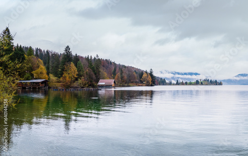 Mountain alpine autumn overcast evening lake Walchensee view, Kochel, Bavaria, Germany.