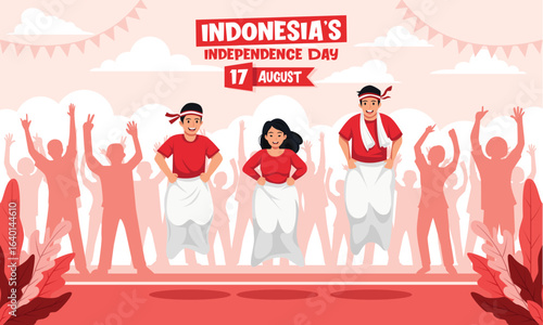 Illustration of people celebrating Indonesia's Independence Day with a sack race, featuring red and white colors, banners, and silhouetted figures.