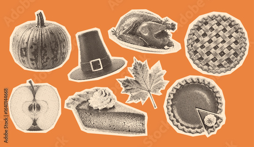 thanksgiving elements collection, pilgrim hat, pumpkin, traditional pie, maple leaf, roasted turkey, retro halftone set, autumn vintage stipple effect style illustration