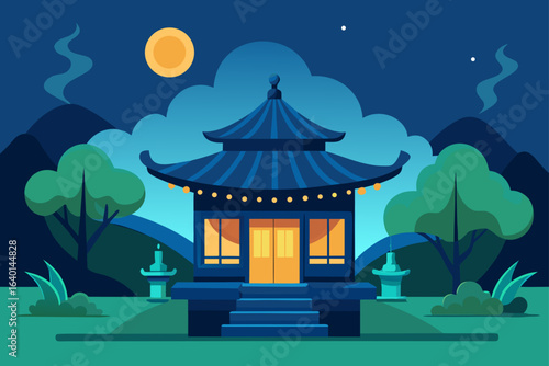 Traditional ancient Japanese temple and pagoda architecture with a garden pavilion under the night sky