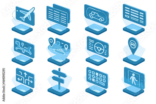Transportation holographic interface vector instructions icon route vehicle pickup airplane hologram icons