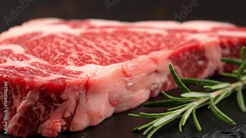 Raw marbled meat with rosemary on black surface