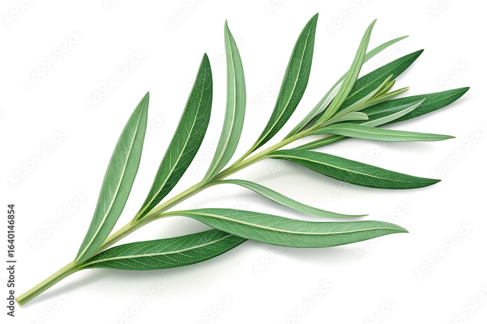 Fototapeta premium A single green sprig with long slender leaves on a pure white background isolated