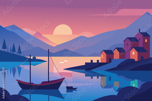 Misty blue hills and a stunning morning sunrise over a tranquil lake