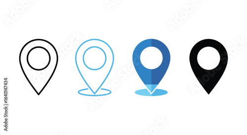 Location Marker Icons: Black, Blue, Line Art; Simple, Modern, Clean Design for Web and App UI.