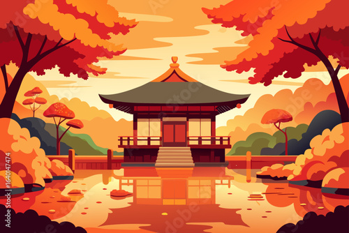 Traditional Asian architecture with a pagoda and a pavilion in a Japanese temple garden during autumn