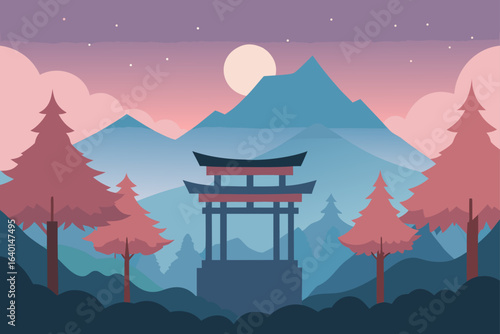 A Japanese pagoda stands serenely in a winter forest landscape at night, with a blue sky and light illuminating the scene