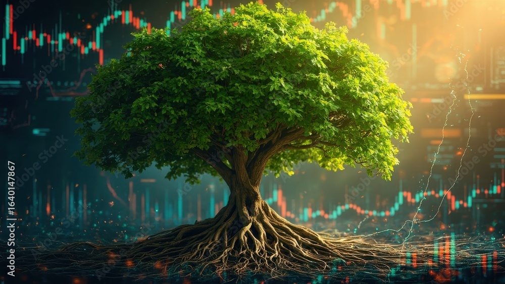 Obraz premium This image shows a green tree with a strong trunk and roots against a backdrop of financial charts illuminated by sunlight. Concept of stable growth and reliable investments.