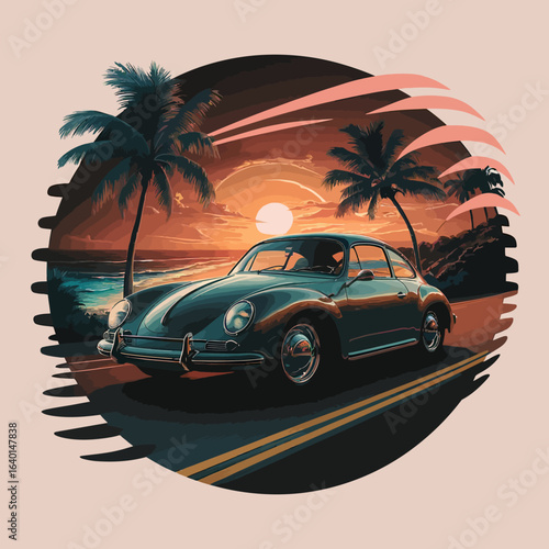 A captivating 3D render of a vintage car t-shirt design