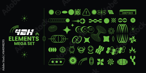 Mega set of elements, shapes in modern futuristic y2k style. Collection of abstract geometric symbols. Retro. Brutalism. Simple figures. Minimalistic design of universal stickers. Geometric objects.
